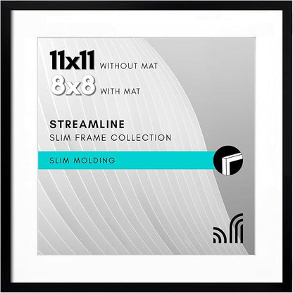 Americanflat 11x11 Picture Frame with Shatter-Resistant Glass - Use as 8x8 Frame with Mat or Display 11x11 Photo Without Mat - Streamline Collection - Thin Border Square Frames for Wall - Black