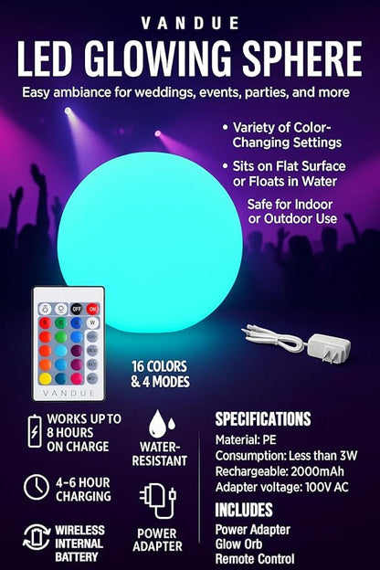 Vandue Color-Changing LED Light Ball – Rechargeable Glow Sphere with Remote – IP65 Waterproof RGB Night Light for Indoor/Outdoor, Pool, Garden, Party & Decor (10 Inch)