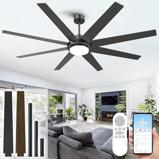 72 Inch Ceiling Fans with Lights and Remote APP Control, Outdoor Indoor Black LED Big Ceiling Fan Reversible 24db Quiet, 6 Speed 3CCT Dimmable,Modern Ceiling Fan for Patio Living Room Farmhouse Garage