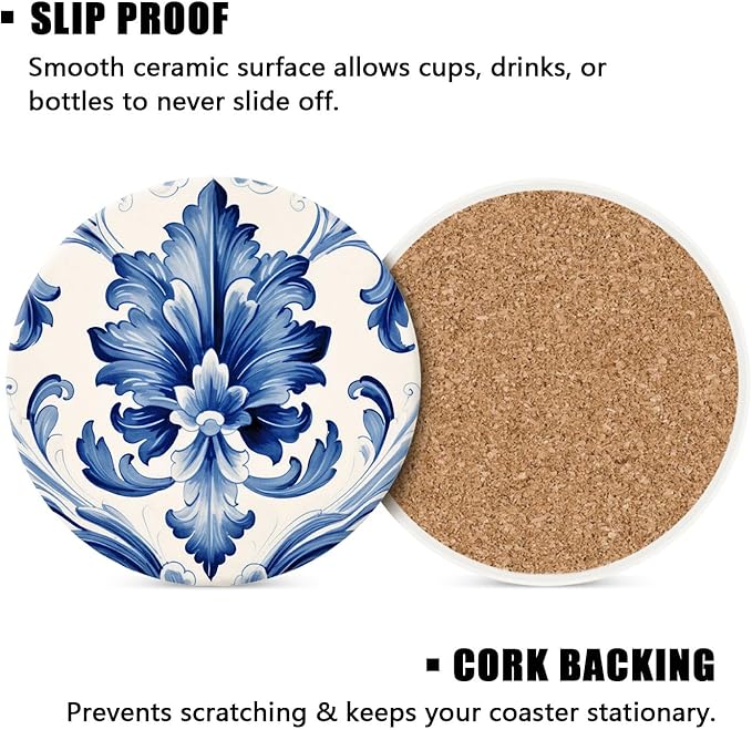 Ceramic Drinking Coasters Set of 4,Water Absorbent Marble Ceramic Coasters Tabletop Protection,Blue Watercolor Texture Elements China Flower,Suitable for Various Cups,Home Decor，4 Inch