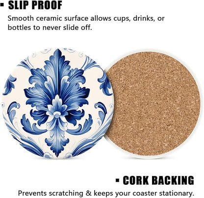 Ceramic Drinking Coasters Set of 4,Water Absorbent Marble Ceramic Coasters Tabletop Protection,Blue Watercolor Texture Elements China Flower,Suitable for Various Cups,Home Decor，4 Inch
