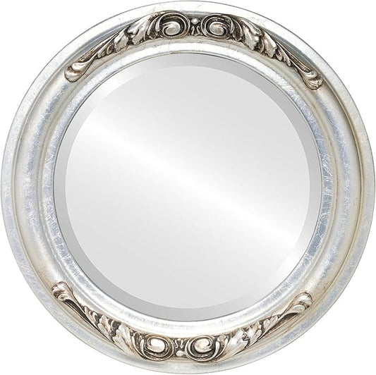 OVALCREST Round Beveled Wall Mirror for Home Decor - Florence Style - Silver Leaf with Brown Antique - 18x18 Outside Dimensions