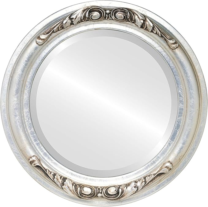OVALCREST Round Beveled Wall Mirror for Home Decor - Florence Style - Silver Leaf with Brown Antique - 22x22 Outside Dimensions