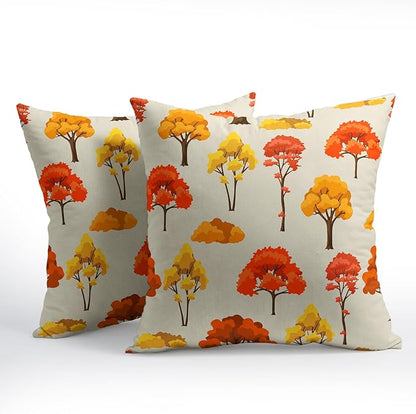 Fall Pillow Covers 16x16 Set of 2 Red Orange Maple Tree Leaf Autumn Outdoor Pillowcase with Zipper Forest Print Pattern Decorative Cushion Cover Rustic Decoration Farmhouse Sofa Couch Bed Decor