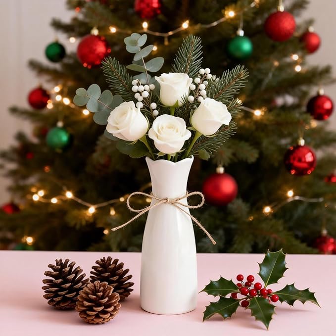 Small Vase White Ceramic Jute Rope Simple Vases for Home Decor Minimalist Modern Flower Vase Elegant Decorative Glossy Vase for Pampas Grass, Office, Living Room, Mantel and Bedroom Décor