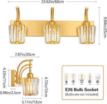 Modern Bathroom Vanity Light, 3-Light Gold Wall Sconce with Crystal Accents, Over Mirror Bathroom Lighting Fixture, 23.62" Long Dimmable Vanity Lamp for Makeup, Easy Installation