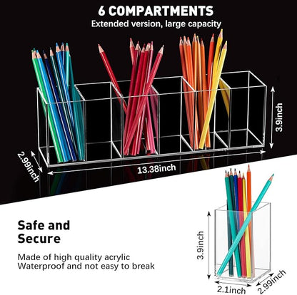 Jetec Acrylic Pen Holder 6 Compartments Makeup Brush Stationery Organizer Pencil Holder for Desk Accessories, Cosmetic Brushes, Dorm, Home, Bathroom, Kitchen, Office Supplies(Clear)