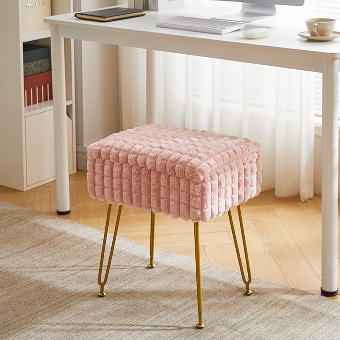 IBUYKE Rectangle Vanity Chair with Storage Space, Footrest Footstool Ottoman, Vanity Stool, Dressing Table Chair, with Anti-Slip Feet, for Makeup Room, Bedroom, Square Grid Pattern, Pink WBD004P