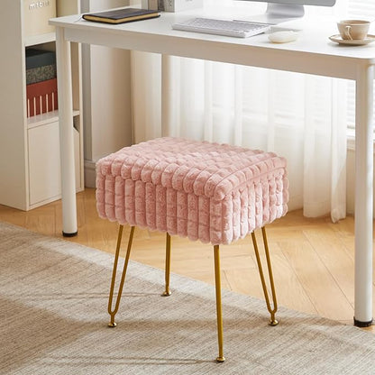 IBUYKE Rectangle Vanity Chair with Storage Space, Footrest Footstool Ottoman, Vanity Stool, Dressing Table Chair, with Anti-Slip Feet, for Makeup Room, Bedroom, Square Grid Pattern, Pink WBD004P