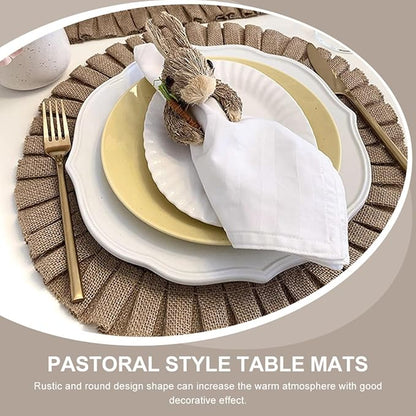 2Pcs Round Woven Jute Placemats with Ruffled Edges Retro Rustic Insulated Table Mats Non-Slip Decorative Place Mats for Dining Kitchen Parties and Restaurants