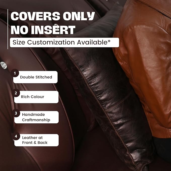 D DOLLY LAMB Lambskin Leather Pillow Cover - Sofa Cushion Case - Decorative Throw Covers for Living Room & Bedroom, 18x18 Inches - Dark Brown Crunch Plain Pack of 2