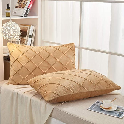 JAUXIO Diamond Pinch Pleated Crystal Velvet Pillowcases 2 Pack Solid Pintuck Throw Cushion Cover for Home Decor Hidden Zipper Closure (Camel, Standard)
