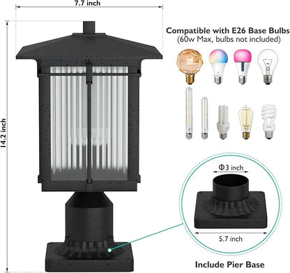 Modern Outdoor Post Light, Aluminum Lamp Post Light Fixture with Ribbed Glass, Soptted Black Outside Pole Lighting with 3-Inch Pier Mount Base for Yard Porch Pathway (14.2''H, 1 pc)