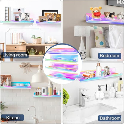 DILIBRA 4 Packs Iridescent Acrylic Floating Shelves, 15.7 Inch Clear Acrylic Display Shelf Wall Mounted, Invisible Set up for Funko Pop Display Shelves Wall Ledge Bookshelf for Kids Room Bathroom Dorm