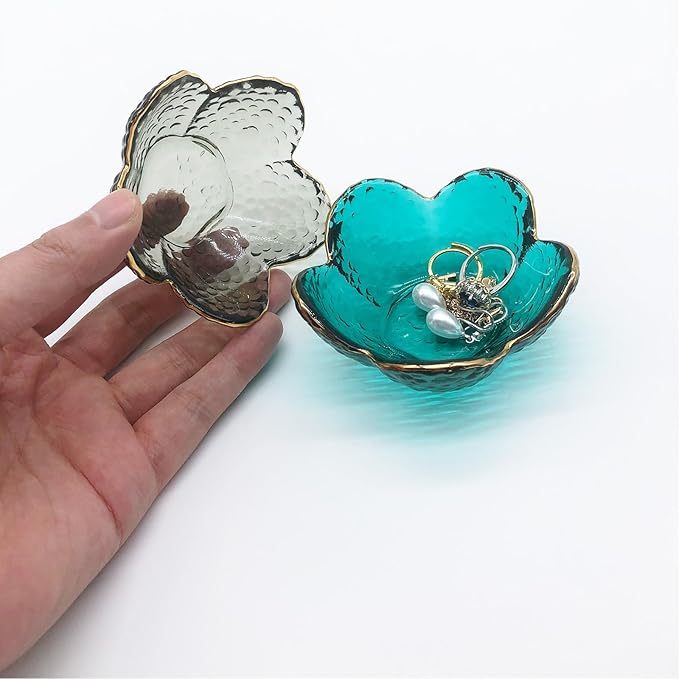 Flower Ring Dish Jewelry Tray, Glass Jewelry Dish Tray, Aesthetic Room Decor Small Trinket Dish, Nightstand Jewlery Ring Holder Dish, Bathroom Jewelry Plate Bowl for Rings Earrings Wife Gift