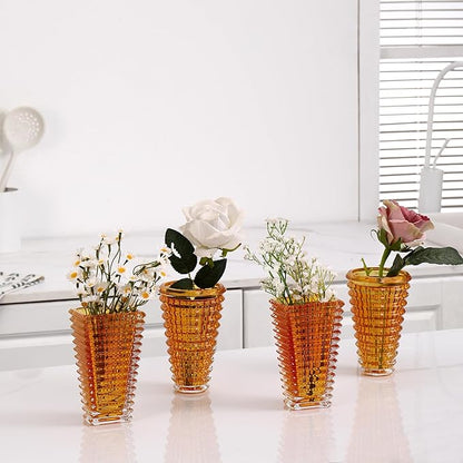 MCMCNCUIU Crystal Flower Vase Set of 4, Glass Vases for Centerpieces, Amber Vases for Flowers, Small Vase for Living Room, Bedroom, Kitchen, Office, Wedding