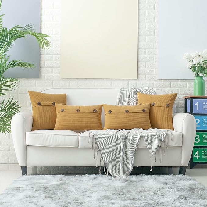 HWY 50 Mustard Yellow Chenille Throw Pillow Covers 22x22 Inch with Triple Buttons, Soft Farmhouse Accent Decorative Cushion Cases for Couch Sofa Bed Living Room Pack of 2