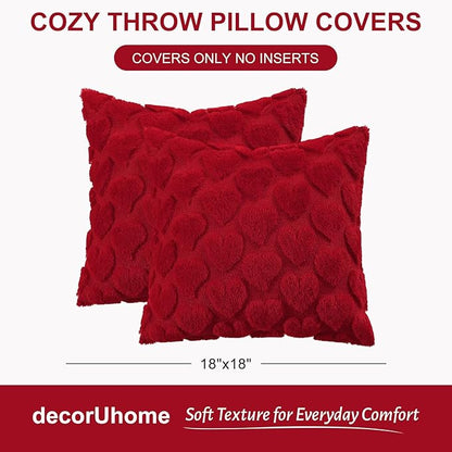 decorUhome Valentine’s Day Soft Plush Throw Pillow Covers 16x16 Inch Set of 2, Faux Fur Red Heart Decoration Neutral Square Pillow Covers for Couch Sofa Bed Cozy Farmhouse Holiday Decor
