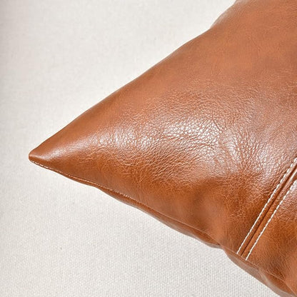 Fancy Homi 2 Packs Brown Boho Long Lumbar Faux Leather Decorative Throw Pillow Covers 14x20 Inch for Couch Bed Sofa, Hand Stitched Rectangle Cushion Case, Rustic Modern Farmhouse Home Decor