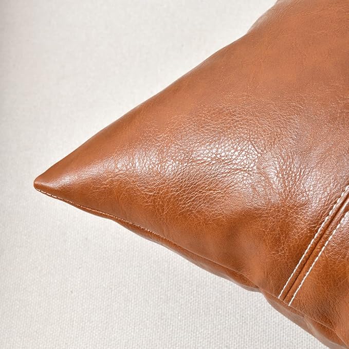 Fancy Homi 2 Packs Brown Boho Long Lumbar Faux Leather Decorative Throw Pillow Covers 14x24 Inch for Living Room Couch Bed, Hand Stitched Rectangle Cushion Case, Rustic Modern Farmhouse Home Decor