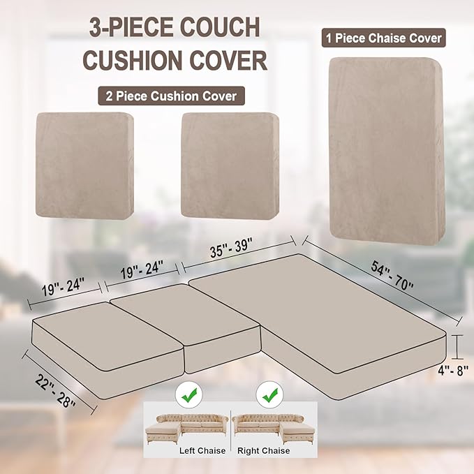 NAISI Sectional Couch Cover 3 Pieces Velvet Separate Couch Cushion Covers L Shape Soft Stretch Sofa Slipcovers with 2pcs Pillowcases for Left/Right Chaise Sectional Couch(2 Seater+1 Chaise,Taupe)