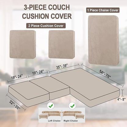 NAISI Sectional Couch Cover 3 Pieces Velvet Separate Couch Cushion Covers L Shape Soft Stretch Sofa Slipcovers with 2pcs Pillowcases for Left/Right Chaise Sectional Couch(2 Seater+1 Chaise,Taupe)