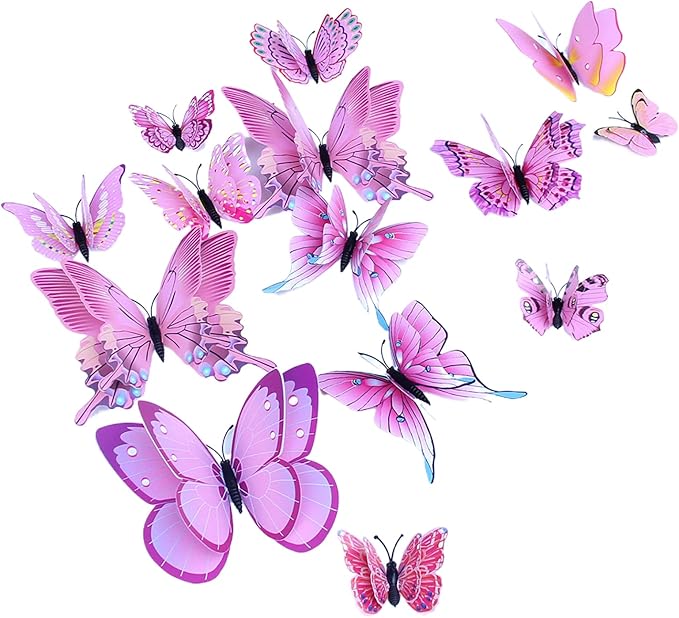 Somotersea 24pc 3D Butterfly Wall Decor - Removable Butterfly Decals for Girls Room & Birthday Parties - Pink