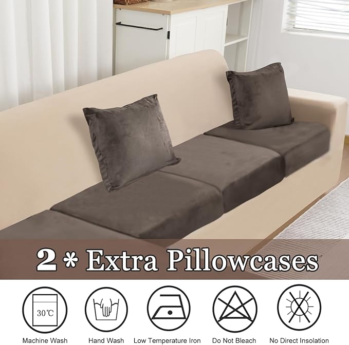 NAISI Sectional Couch Covers 8 Pieces Velvet Couch Cushion Covers L Shape Soft Stretch Sofa Slipcovers with 2pcs Pillowcases for Left/Right Chaise Sectional Couch(3 Seater+1 Chaise+4 Back,Brown)