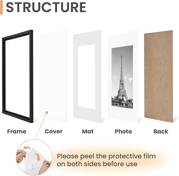 upsimples 8x12 Picture Frame Set of 5, Display Pictures 6x8 with Mat or 8 x 12 Without, Wall Gallery Photo Frames, Black