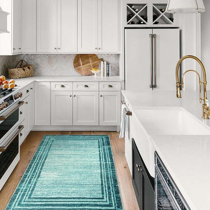 Lahome Modern Abstract Area Rug, Washable Teal 3x5 Kitchen Rugs Non Slip Large Entryway Rug Indoor, Low-Pile Soft Bathroom Mat Minimalist Throw Rug for Bedroom Living Room Stain Resistance