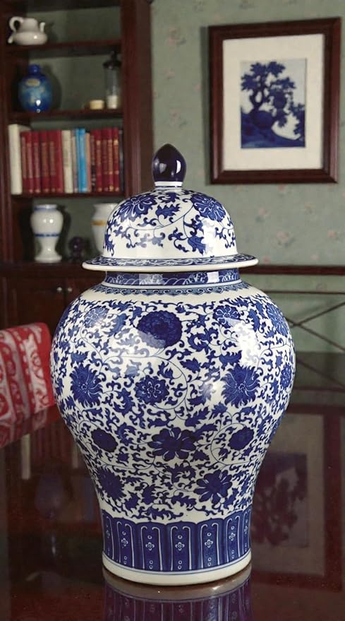 24" Classic Blue and White Floral Porcelain Ceramic Temple Ginger Jar Vase, Large China Qing Style (Blue and White 24-5)