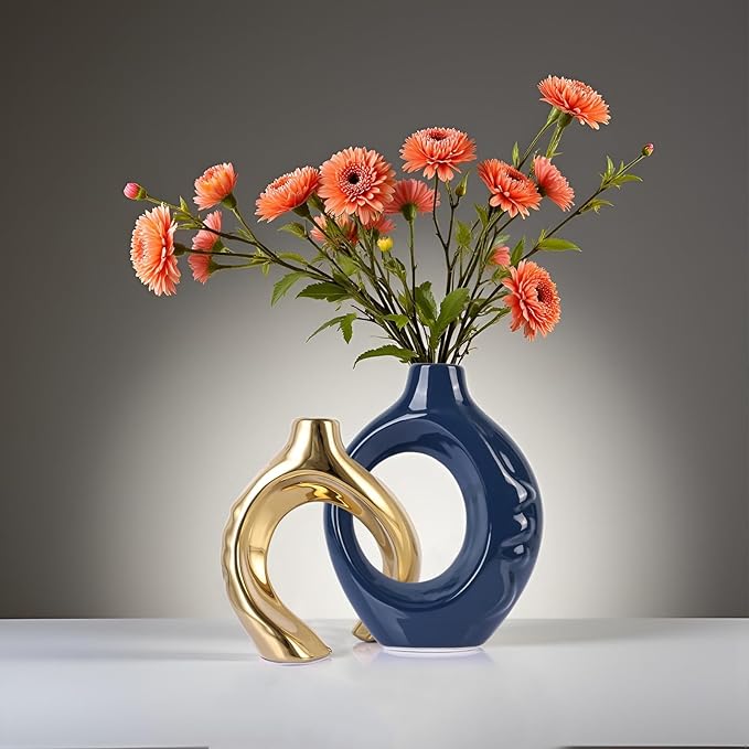 LCCCK Blue and Gold Ceramic Vases for Home Decor, Boho Vase for Flowers Pampas Grass Decorative, Navy Blue Hollow Donut Small Vase for Living Room Table Wedding Centerpiece Modern Vases