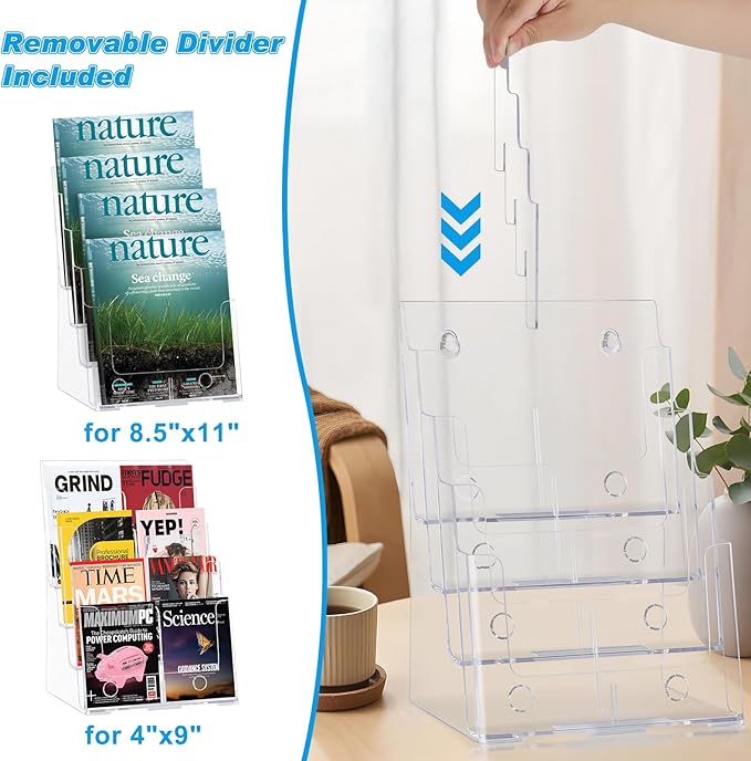Acrylic Brochure Holder 8.5x11 Inches, 4 Tier Clear Brochure Display Stand , pamphlet holder with Divider for 4’’ Flyer Magazine, Document Paper Literature Holder,Wall Mount for Office, Store