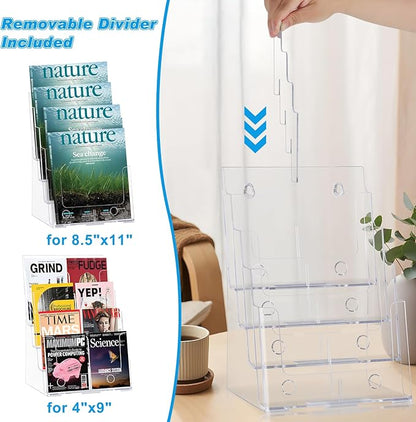 Acrylic Brochure Holder 8.5x11 Inches, 4 Tier Clear Brochure Display Stand , pamphlet holder with Divider for 4’’ Flyer Magazine, Document Paper Literature Holder,Wall Mount for Office, Store