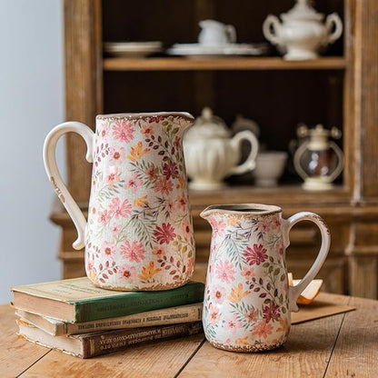 Vintage Colorful Daisy Flora Ceramic Vase with Handle, Retro Ice Glazed Crack Farmhouse Pitcher Vase for Home Decor, Living Room, Shelf, Office, Rustic Table Centerpiece 7 Inch