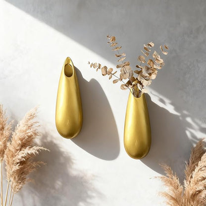 Sculptural Wall Ceramic Vase — 2 Pack Gold Hanging Sconce Vase | Turn Flowers into Art — Decorative Ceramic Wall Sconce for Single Stem Displays