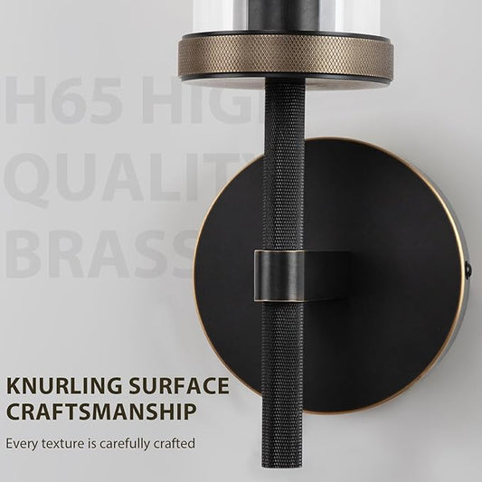 15" Knurled Brass Wall Sconce with Clear Glass Tube, Black Gold Bathroom Vanity Light Fixtures, Modern Lamp Lighting for Bedroom, Living Room, Hallway, Staircase, Mirror, Kitchen