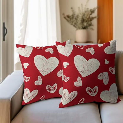 Valentines Day Pillow Covers 18x18 Set of 2 Red Love Print Decorative Outdoor Heart Throw Pillow Cases Rustic Holiday Decoration Farmhouse Sofa Couch Cushion Cover Bed Decor