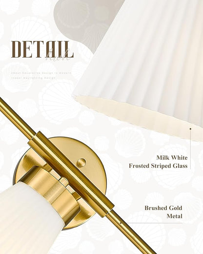 Bathroom Light Fixture, HWH 3-Light Brushed Gold Vanity Lights for Bathroom Modern Vanity Sconce Lighting Over Mirror, Wall Lamp with Frosted White Striped Glass, 5HZG97B-3W BG