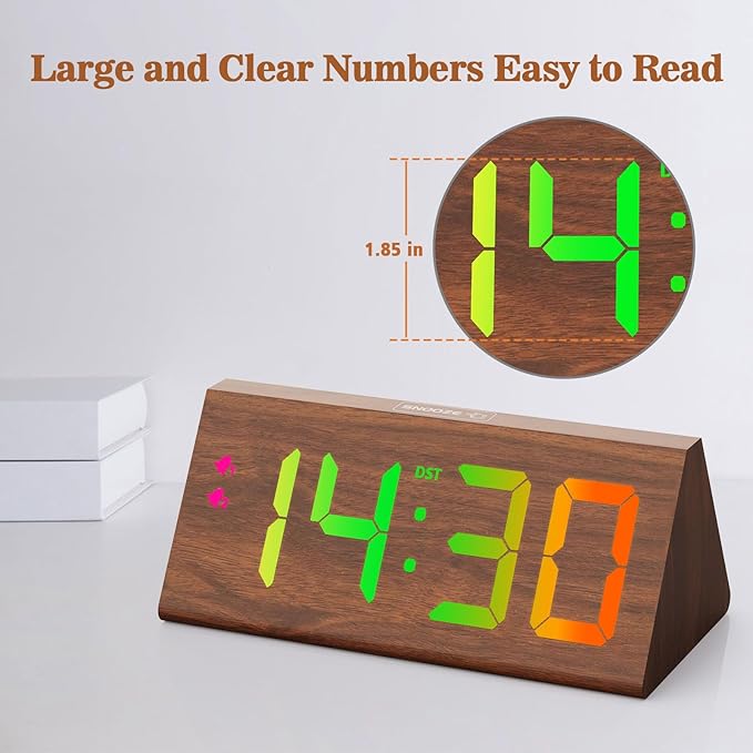 Wooden Digital Alarm Clock with Dual USB Charging Ports, DST, Dimmable, Snooze, RGB Colors, Modern Large Time Display LED Clock for Kids Bedrooms, Living Room, Desk, Table, Bedside, Nightstand (Brown)