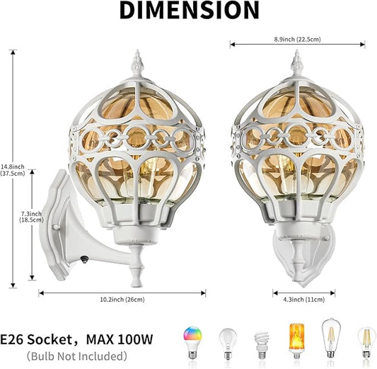 Dusk to Dawn Globe Outdoor Wall Lights, White Porch Light, Aluminum Waterproof Exterior Lighting Fixtures Wall Mount, Sphere Outside House Sconces Lantern with Amber Glass for Patio Garage, 2 Pack