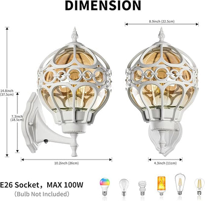 Dusk to Dawn Globe Outdoor Wall Lights, White Porch Light, Aluminum Waterproof Exterior Lighting Fixtures Wall Mount, Sphere Outside House Sconces Lantern with Amber Glass for Patio Garage Doorway