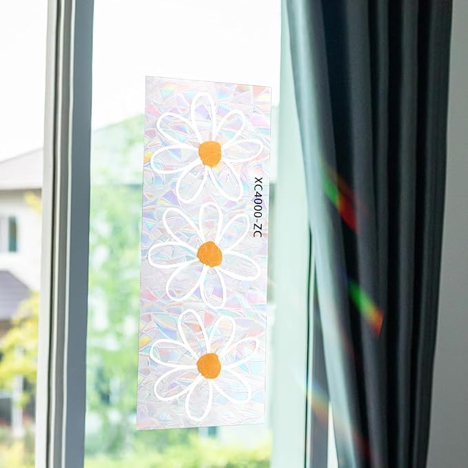 4 Sheets PVC Static Flower Suncatcher Window Stickers, Reusable Rainbow Daisy Prism Window Clings, Anti Collision Shiny Glass Stickers Decoration for Bird Home Shop Office Classroom Mirror