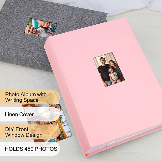XFveiwoo Photo Album 4x6 450 Photos with Writing Space,4 x 6 Photo Book Linen Cover with Front Window, 4x6 Picture Album 450 Photos Photo Album Book for Wedding Kids Travel Family Baby Pictures, Pink