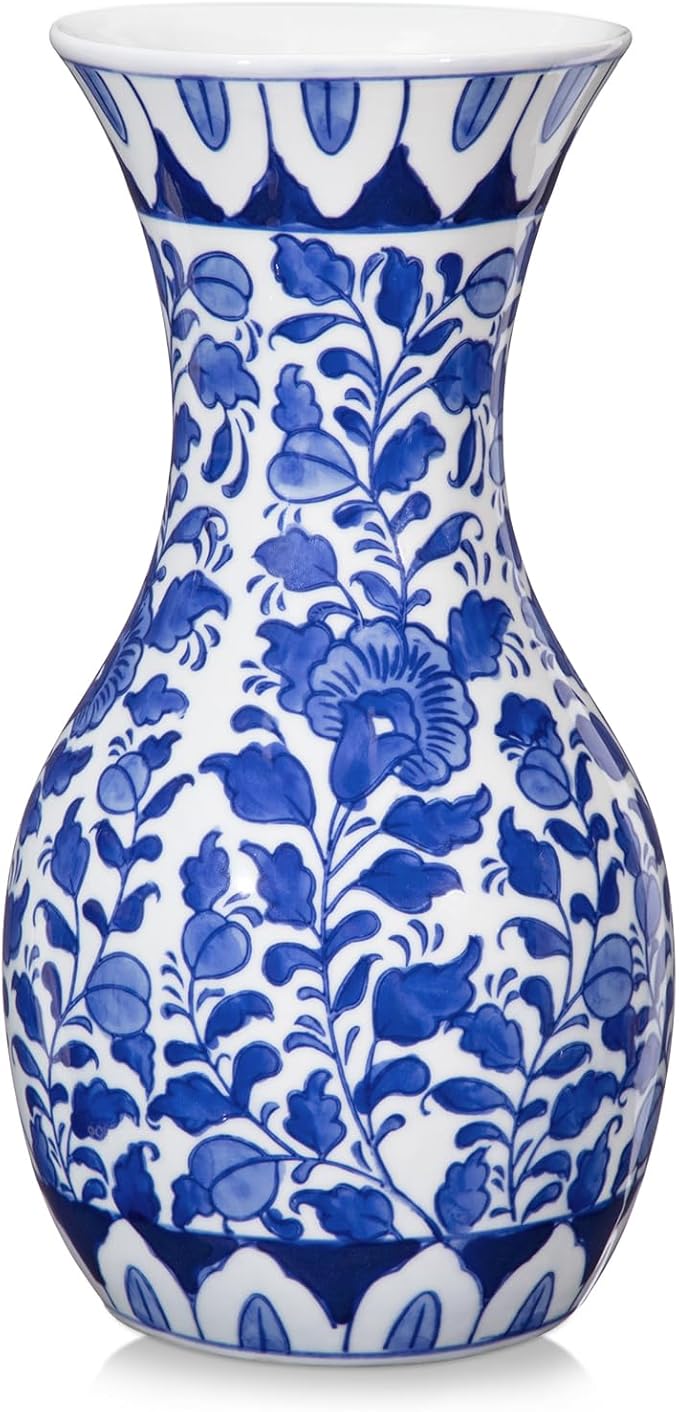 Blue and White Flower Vase, 11 Inch Tall Ceramic Vase in Wide Mouth Floral Pattern, Large Retro Chinoiserie Vase Decor Side Table Centerpiece Living Room Bookshelf, Antique Grand Millennial Decor