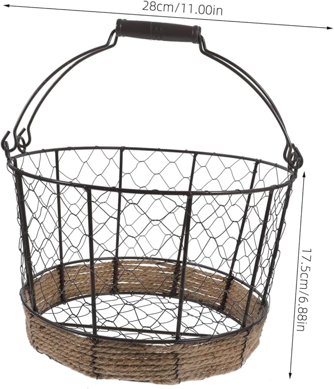 Happyyami Iron Wire Storage Basket with Handle Decorative Round Metal Basket for Home Office and Kitchen Vintage Design for Fruits Vegetables and Sundries 1-Pack