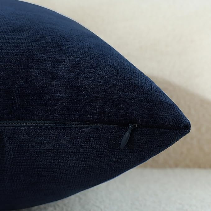 Dark Blue Chenille Decorative Couch Throw Pillow Covers, Soft Cushion Cases for Home Livingroom Sofa Décor, Pack of 2, 14 x 14 Inches