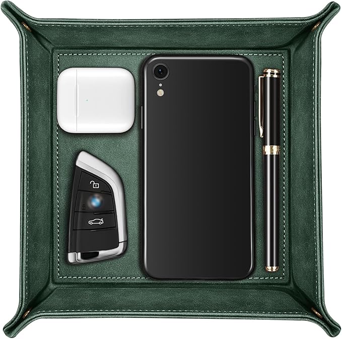 SITHON Valet Tray Desktop Storage Organizer – Premium PU Leather Catchall Bedside Vanity Tray Nightstand Caddy Holder for Remote Controller, Keys, Phone, Wallet, Coin, Jewelry, Dark Green