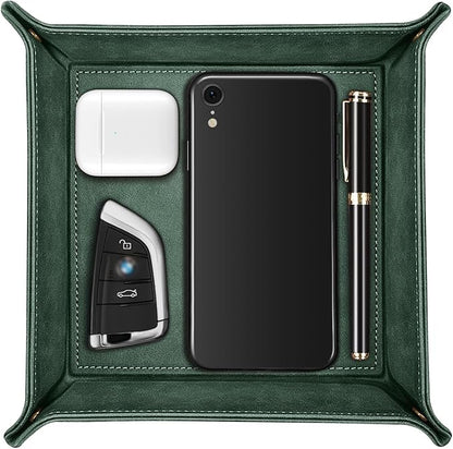 SITHON Valet Tray Desktop Storage Organizer – Premium PU Leather Catchall Bedside Vanity Tray Nightstand Caddy Holder for Remote Controller, Keys, Phone, Wallet, Coin, Jewelry, Dark Green