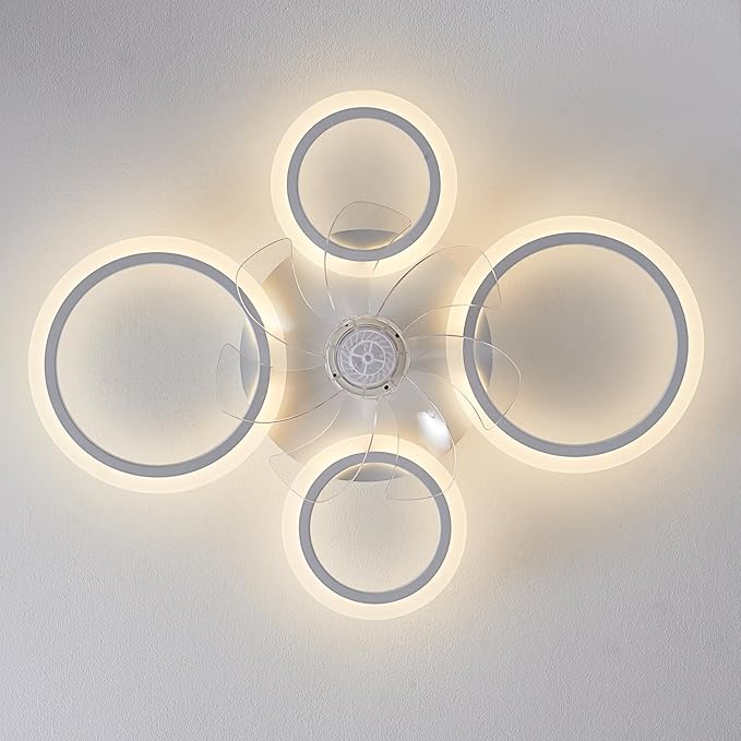 HuixuTe 26" White Geometric Circular Ceiling Fan with Lights Remote Control, 3 Colors 6 Speeds Low Profile Ceiling Fan with Light for Kitchen Bedroom